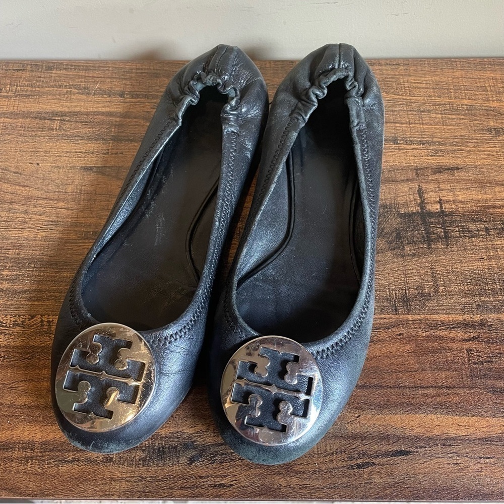 TORY BURCH Minnie Travel leather Ballet flats metal logo size 8